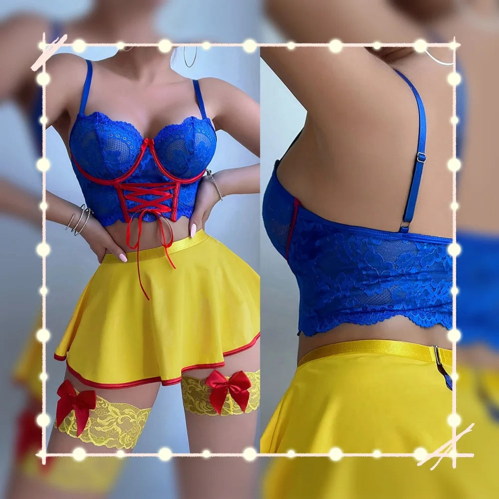 Halloween Lingeries Sexy Hot Snow White Princess Cosplay Bra Thong Skirt 3PC Leg Circles Dopamine Roleplay Costume